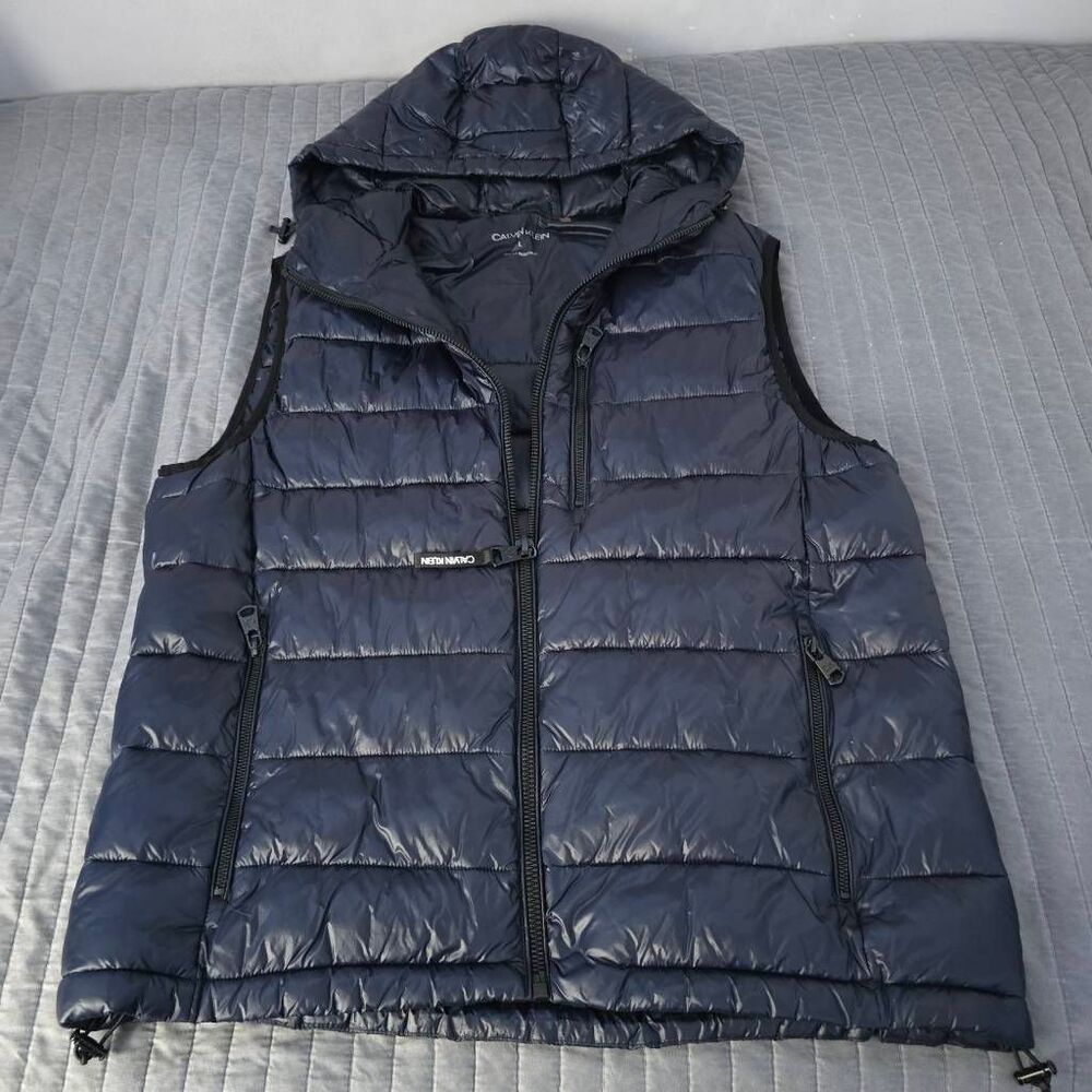 Calvin Klein Men's Water Resistant Hooded Puffer Vest Size L Navy Blue Full Zip